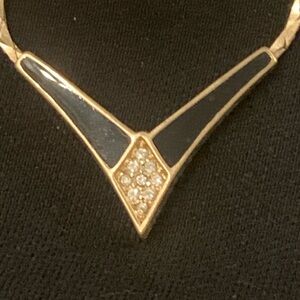 Vintage Dior Gold-Tone V-Point Necklace with Black Enamel and Crystal Accent